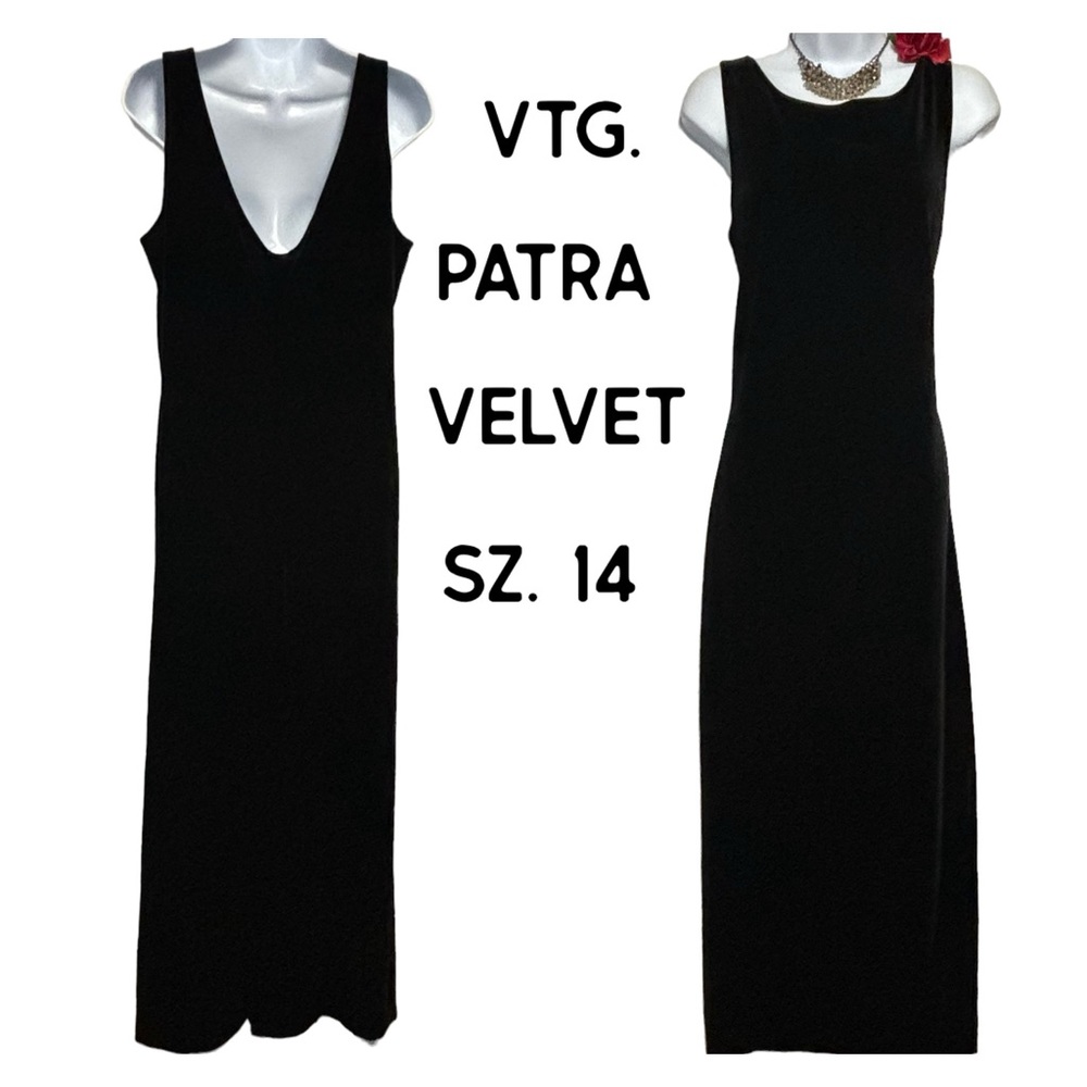 VTG Patra Black Velvet Sexy Maxi Dress Evening Gown back split Sz 14 LIKE NEW